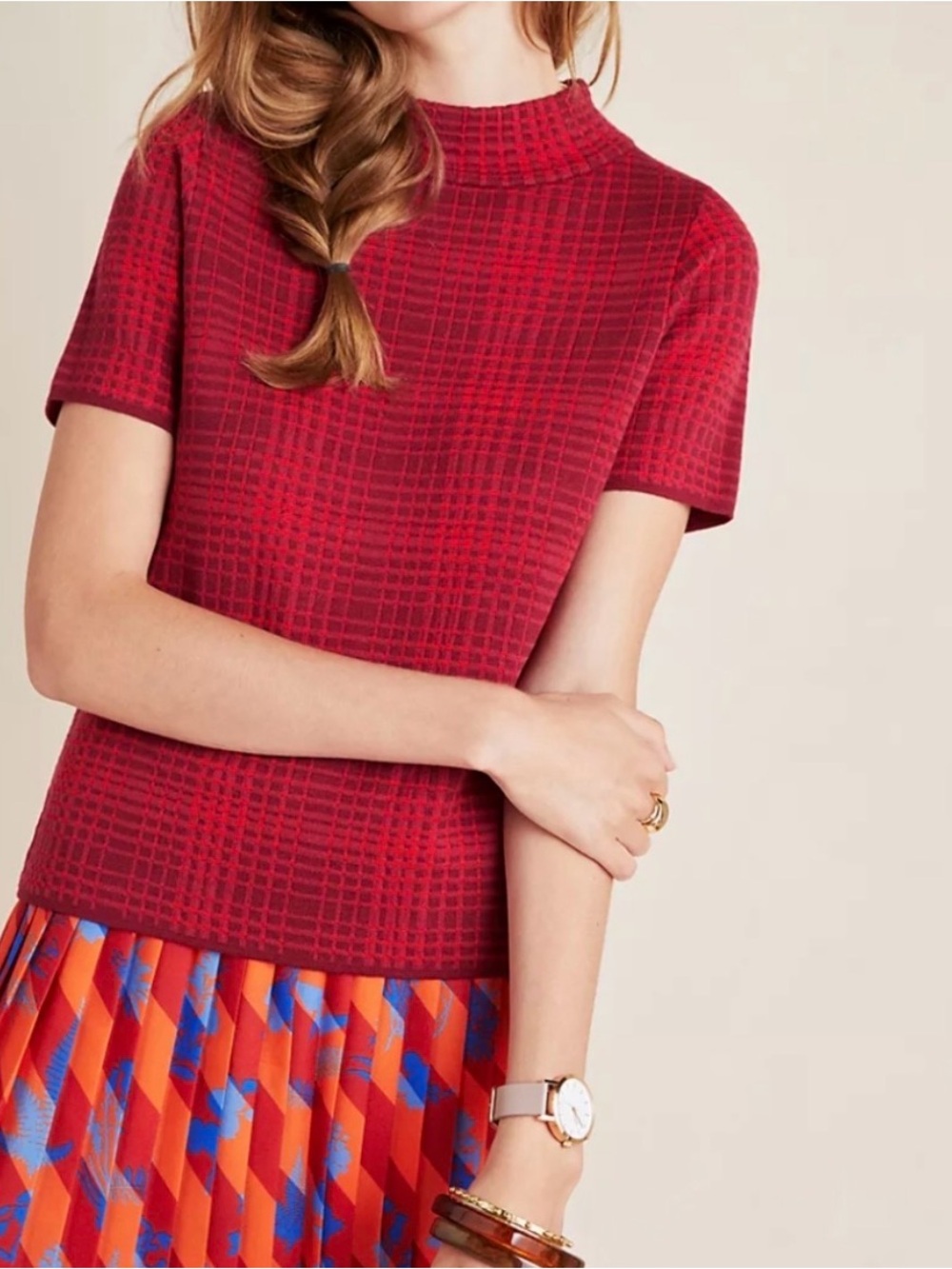 Field Flower Anthropologie Crimson Red Mock Neck Short Sleeve Top